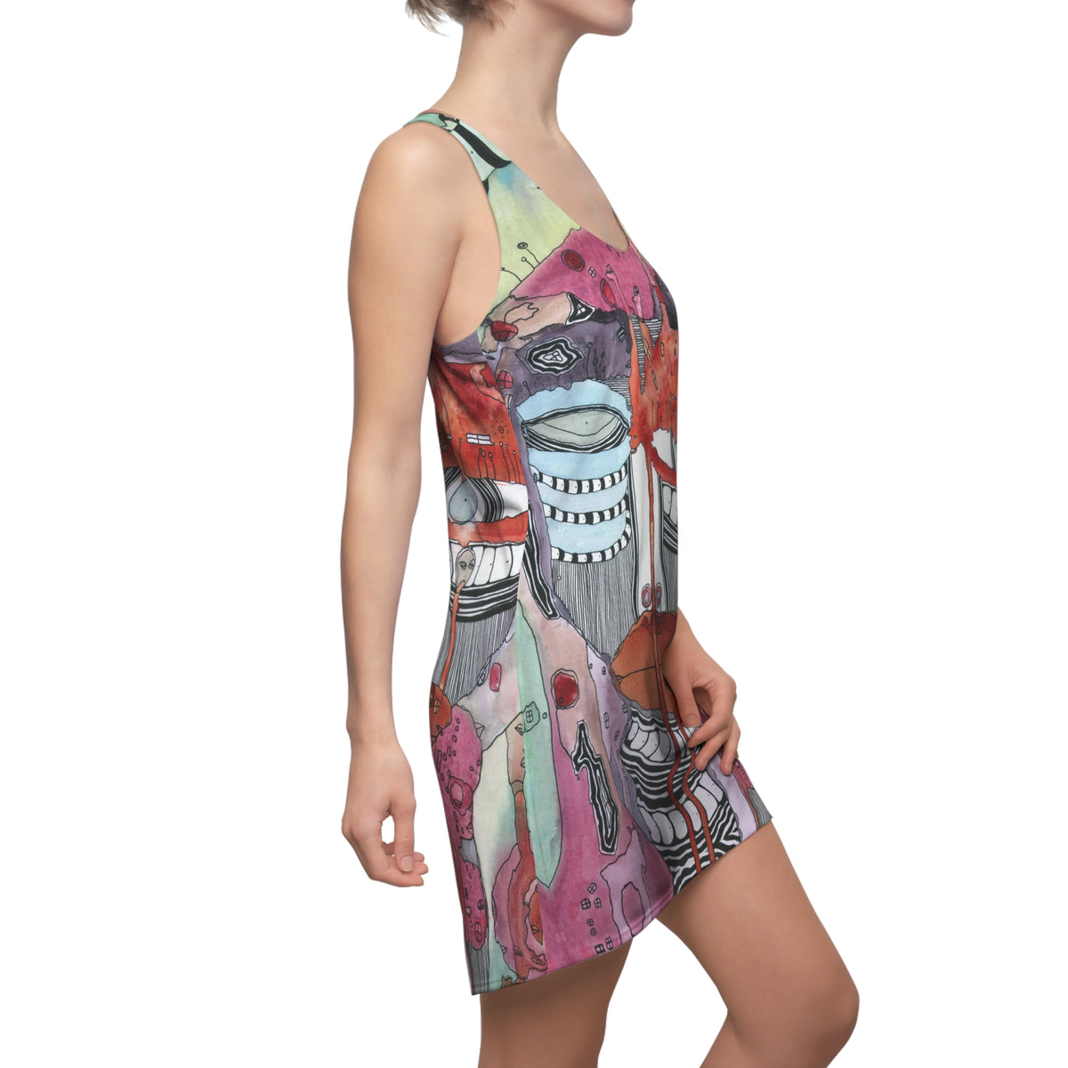 &quot;a female hello V2&quot; Colorful Maximalist Mini Racerback Dress Original Abstract Art Fashion Trippy Print