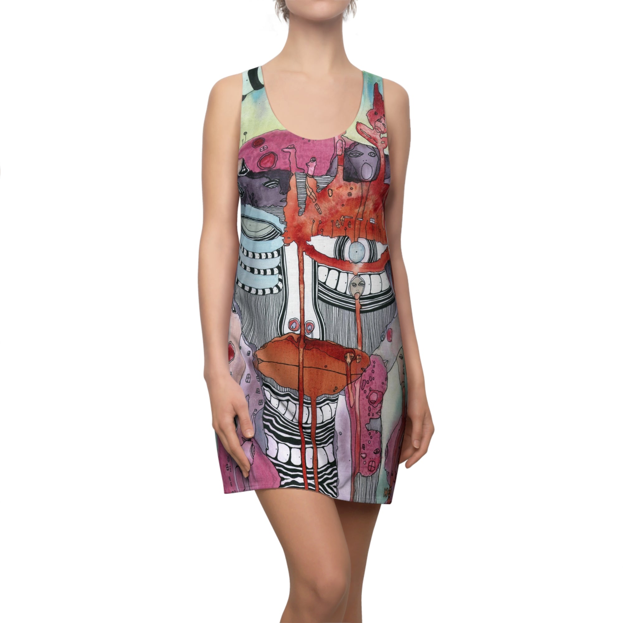 "a female hello V2" Colorful Maximalist Mini Racerback Dress Original Abstract Art Fashion Trippy Print