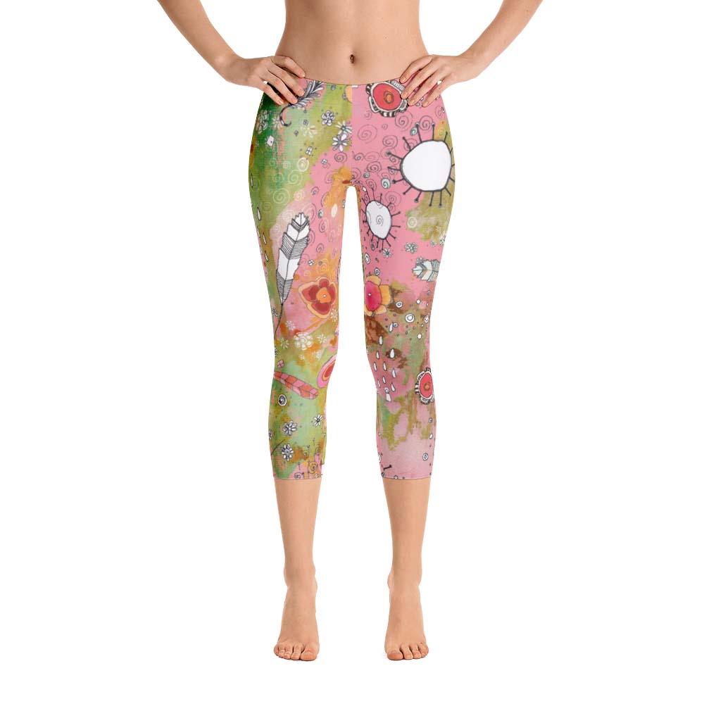 Abstract Capri leggings, Workout Pants 'Pink Feathers, Flowers, Showers'