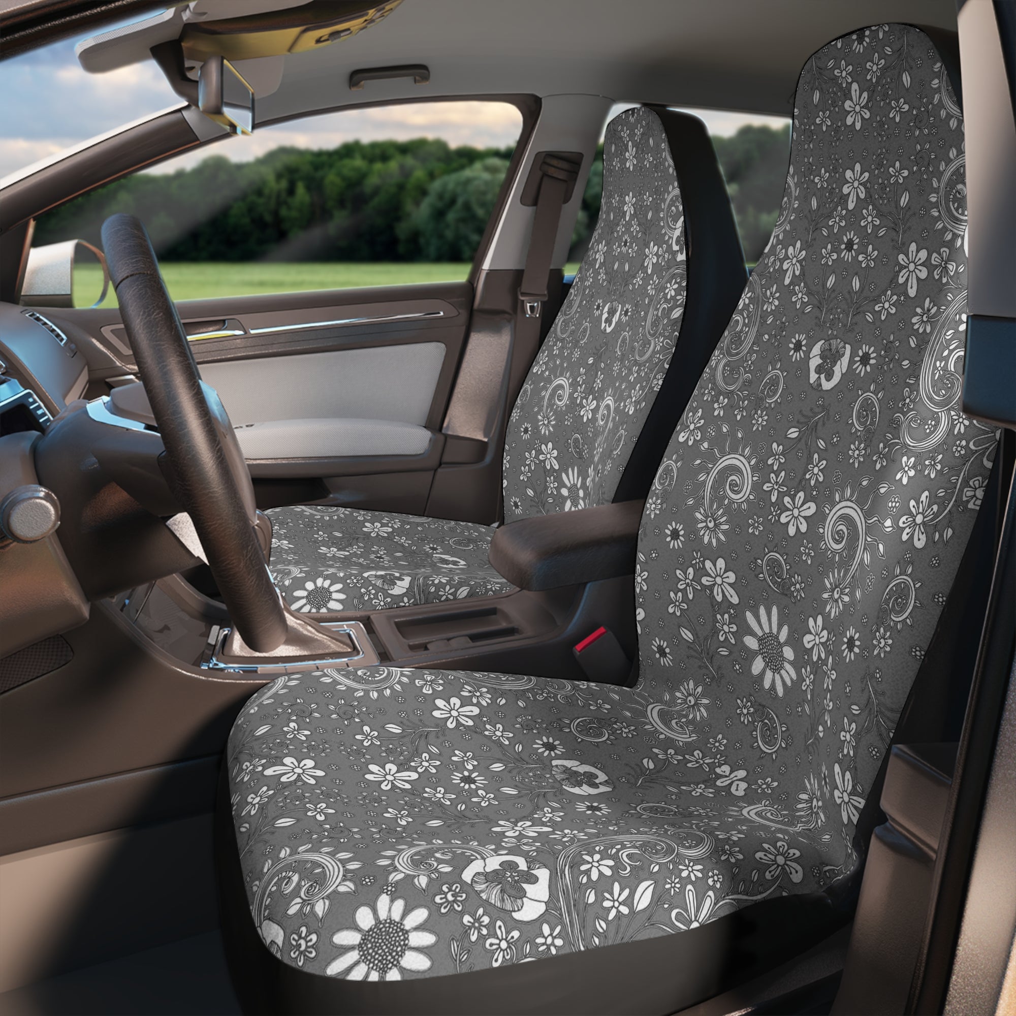 Floral Car Seat Covers Grey Original Flowers Birds Art on Car Seat Covers