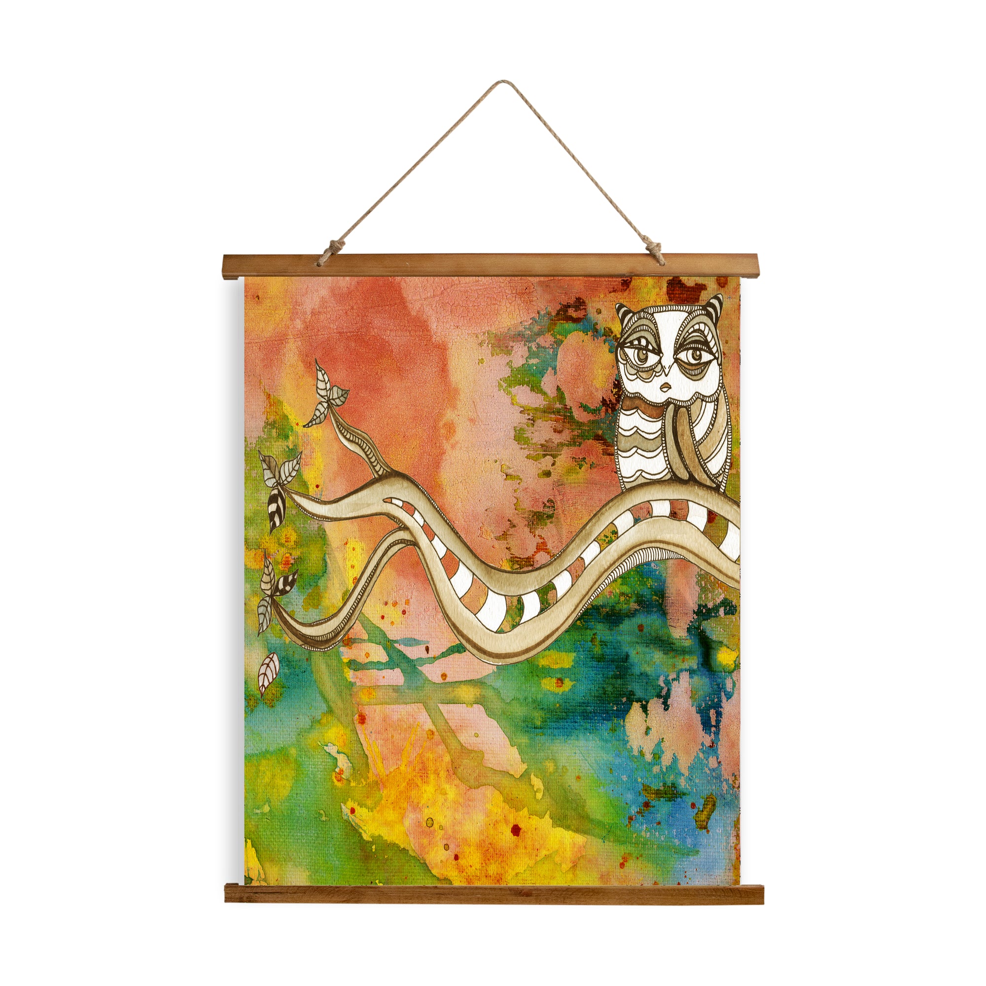 Whimsical Wood Slat Tapestry "Surreal Owl 2"