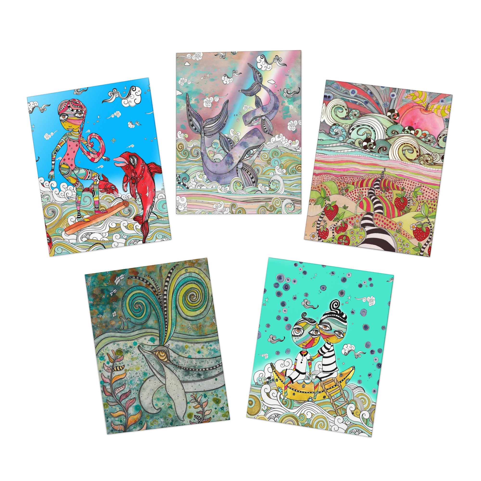 Art Greeting Cards 5 Pack Set with Envelopes Trippy Intuitive Mixed Media Artwork Psychedelic Colorful Unique - Frame them Blank Inside