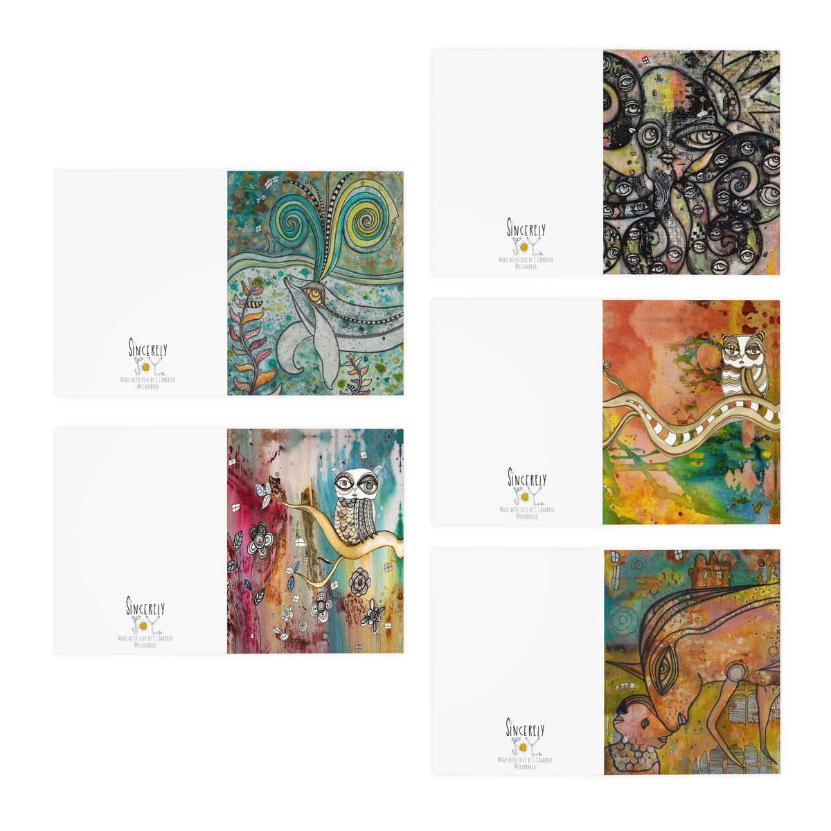 Art Greeting Cards 5 Pack Set with Envelopes Trippy Intuitive Mixed Media Artwork Psychedelic Colorful Unique - Frame them Blank Inside