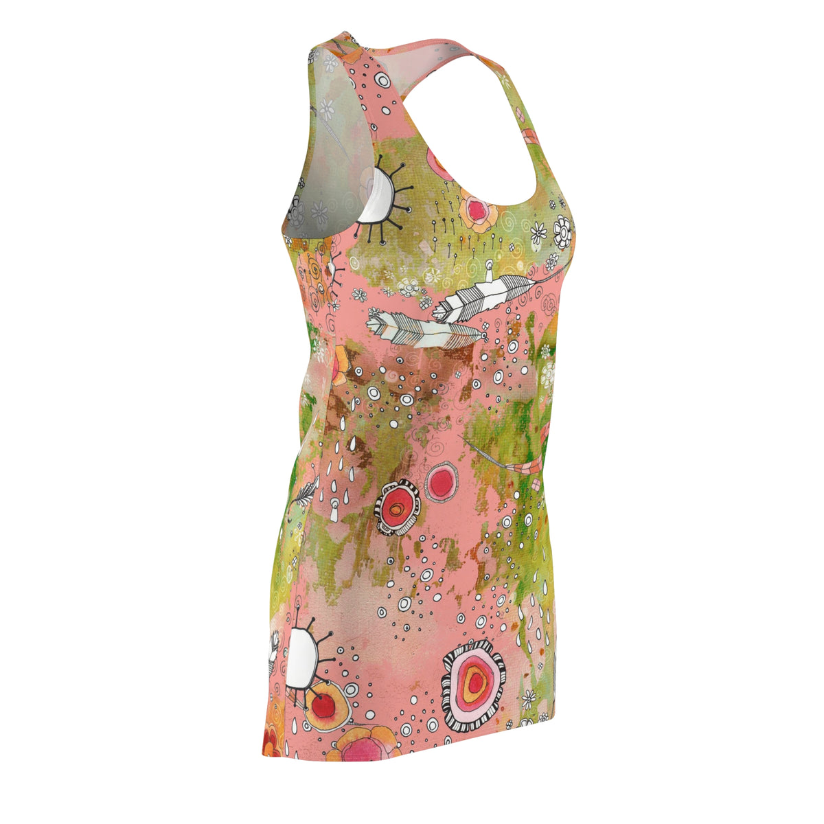 Boho Dress Racerback Mini Tank Sexy Above the Knee Unique Original Art Bohemian Floral Feathers Fashion Womens Clothing Art Designer Fashion