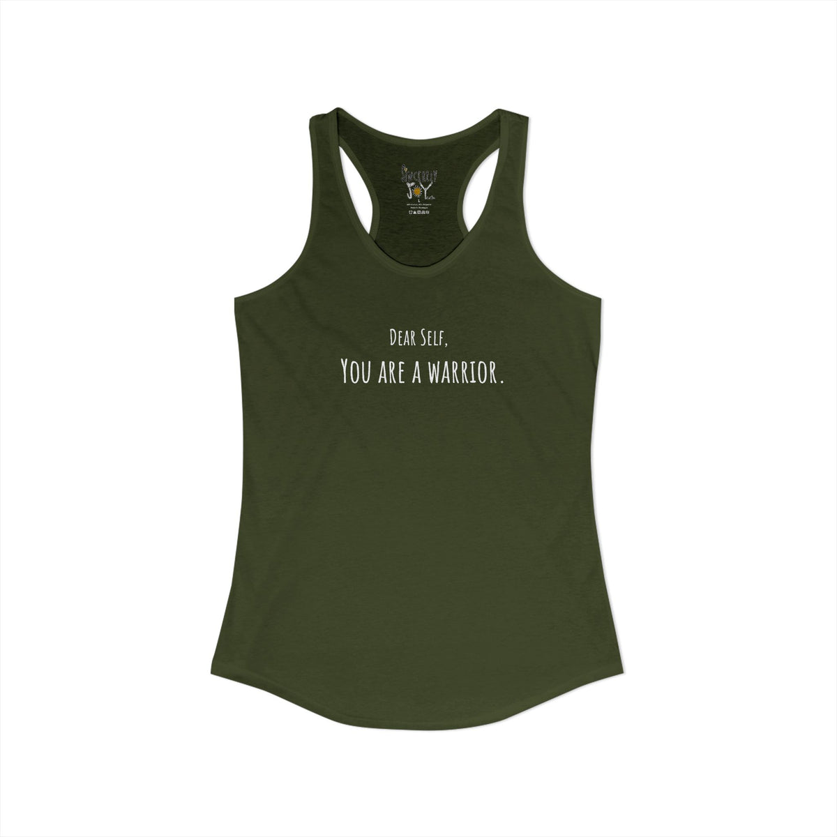 Dear Self You Are A Warrior racerback tank by C.Cambrea, back view on model