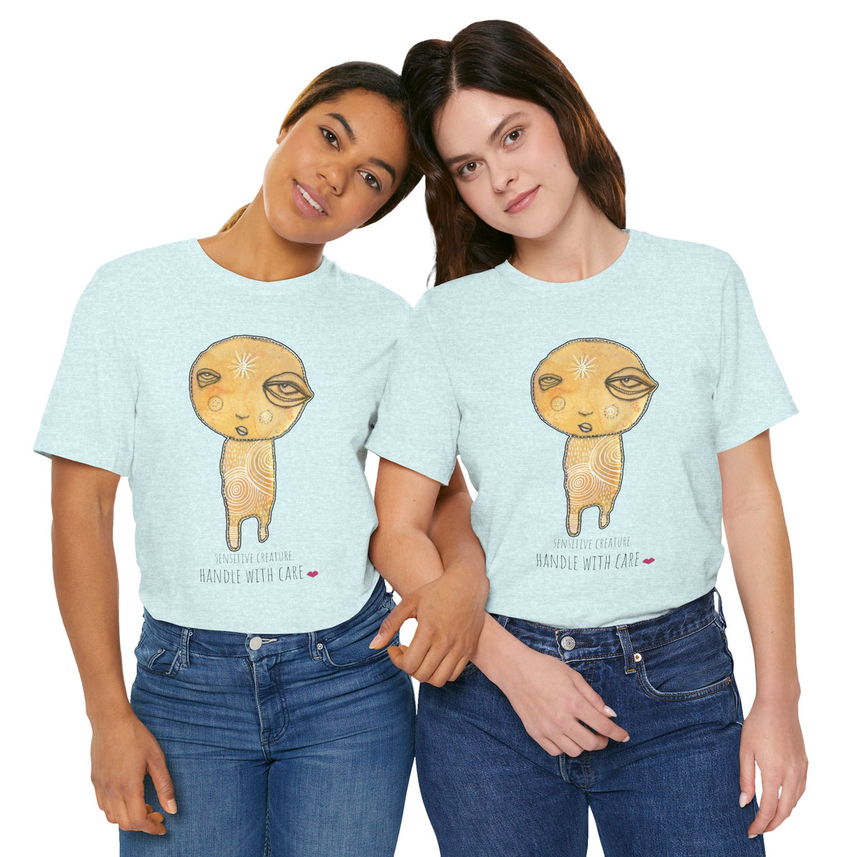 Sensitive Creature. Handle with Care t-shirt by C.Cambrea, close-up of print detail