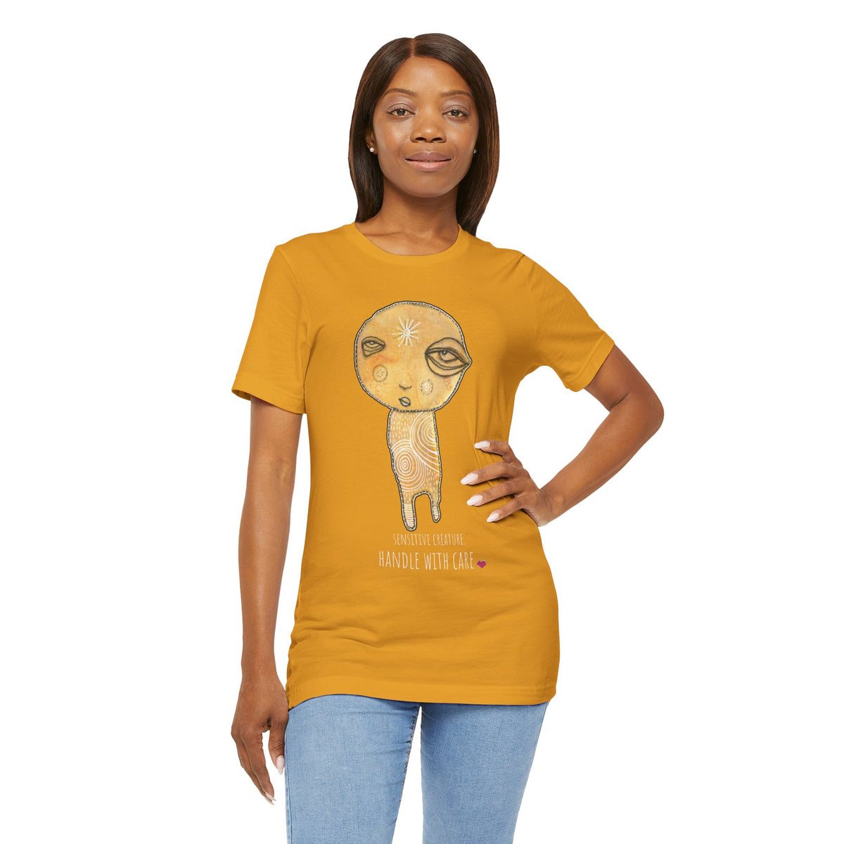 Sensitive Creature. Handle with Care t-shirt by C.Cambrea, back view on model