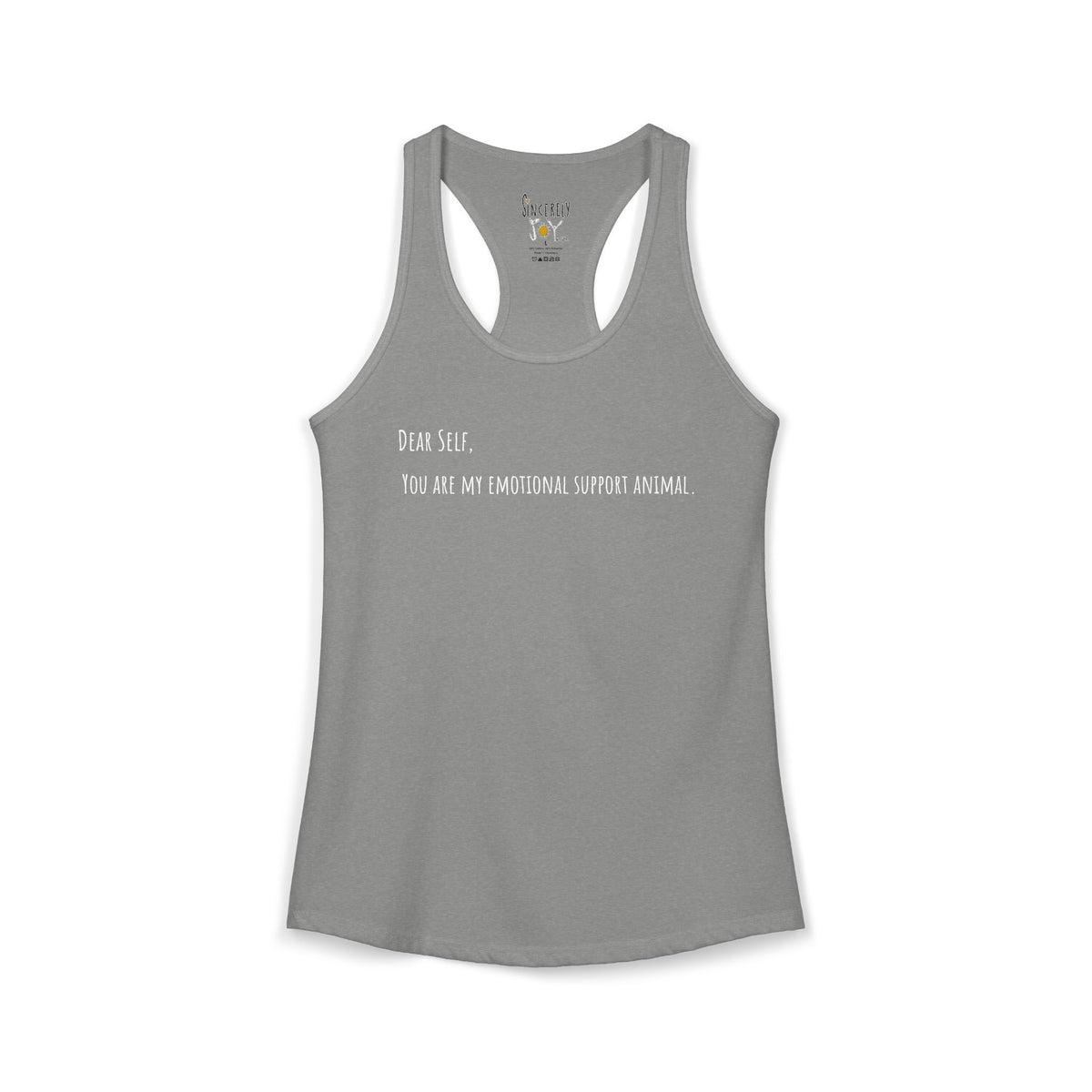 Dear Self Emotional Support Animal racerback tank by C.Cambrea, back view on model