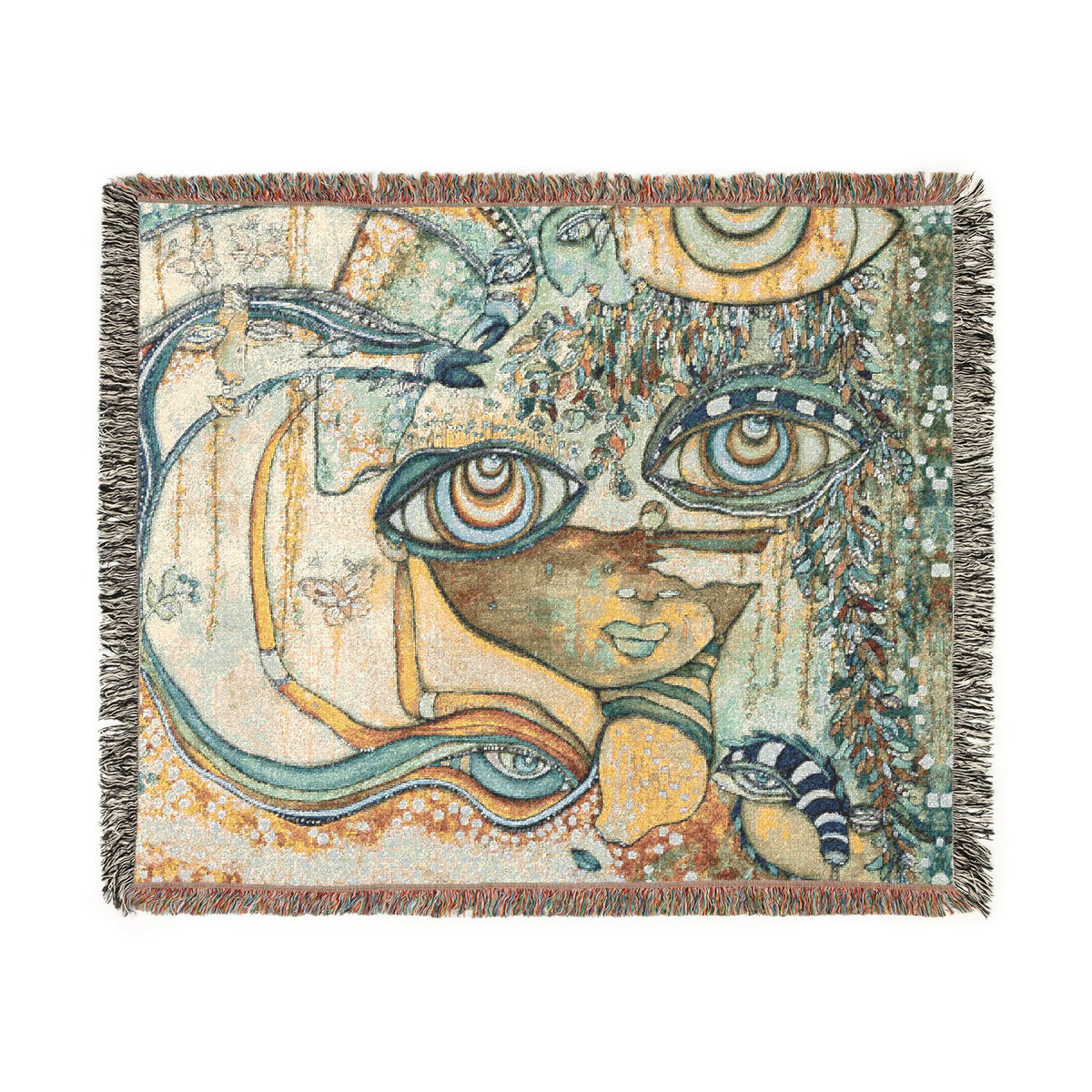 Woven Blanket with Abstract Face Eye Garden Artwork | Floral Painting for Living Room Sofa, Couch Throws, Bed Covers. Soft snuggles