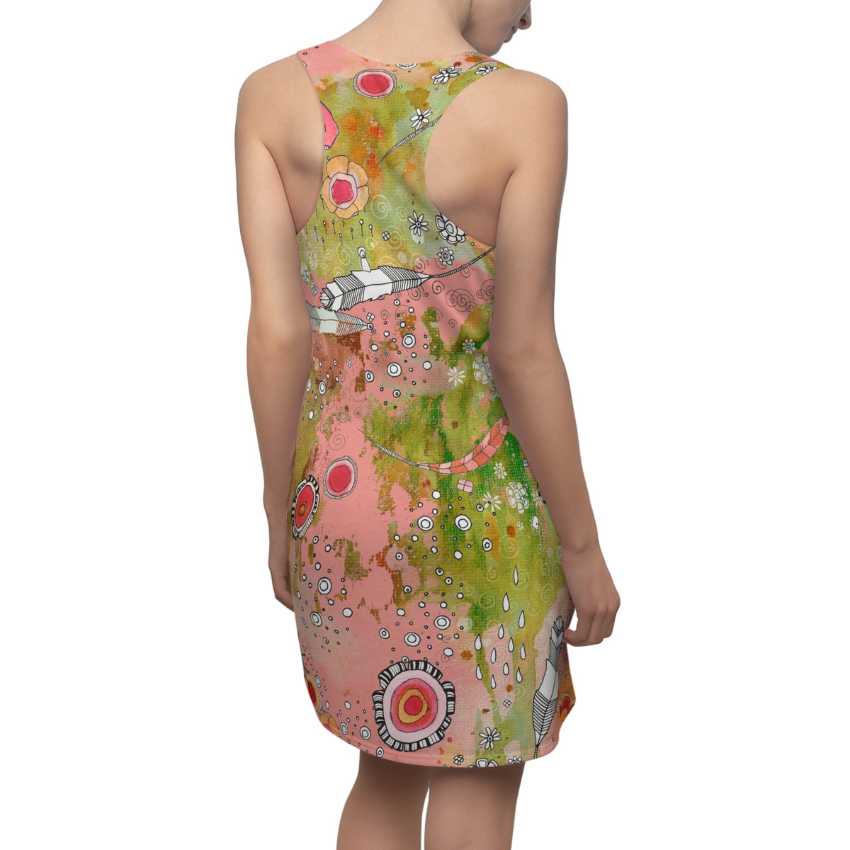Boho Dress Racerback Mini Tank Sexy Above the Knee Unique Original Art Bohemian Floral Feathers Fashion Womens Clothing Art Designer Fashion