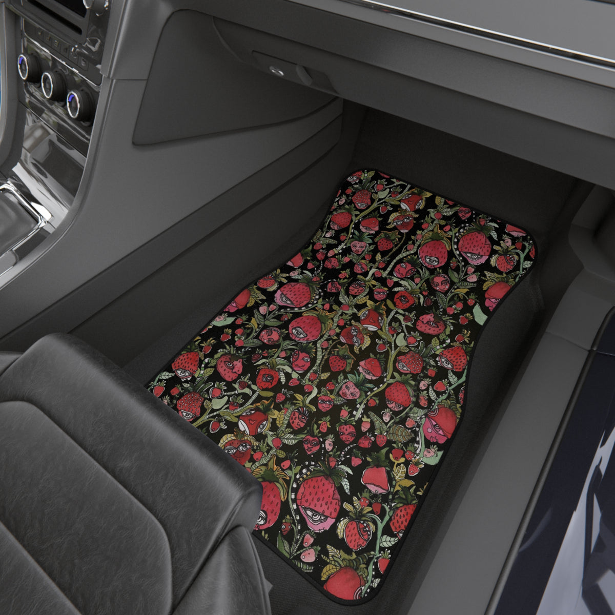 Strawberry Car Mats Set of 4 Fruit Theme Art Strawberries Faces Red Black Designer Vehicle SUV Car Mat Funny Colorful New Car Accessories