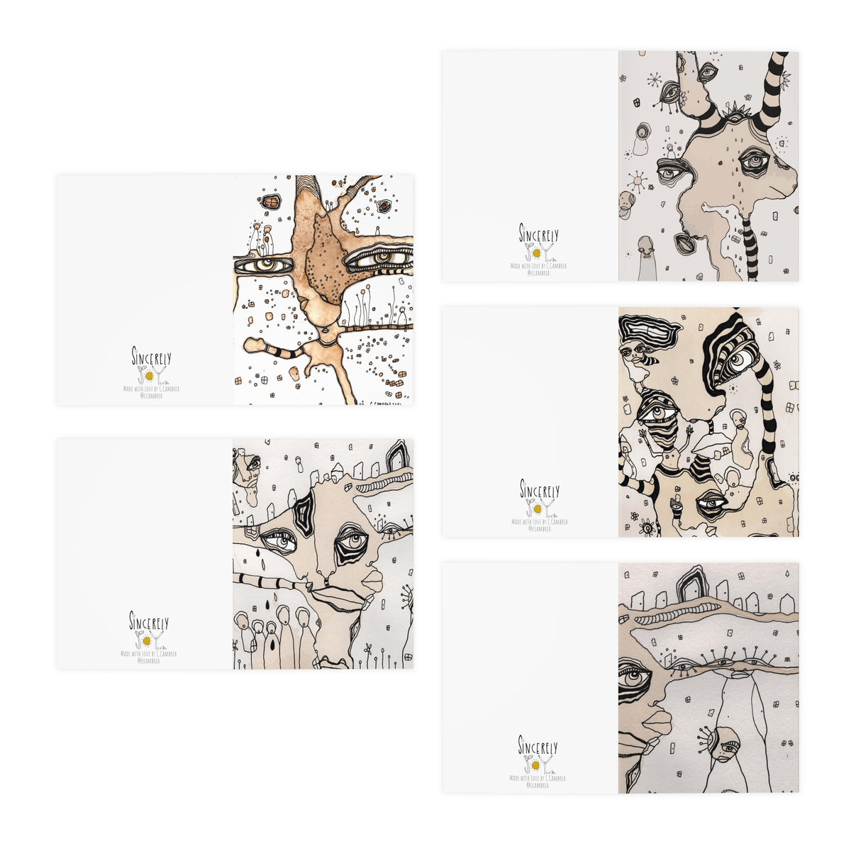 Art Greeting Cards 5 Pack Set with Envelopes Trippy Intuitive Mixed Media Artwork Psychedelic Colorful Unique - Frame them Blank Inside