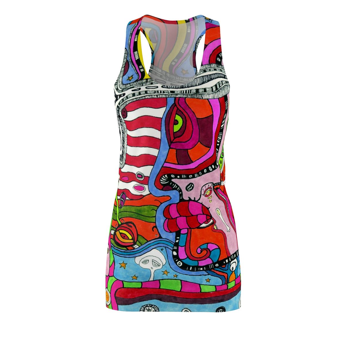 &quot;Multi&quot; Colorful Trippy Racerback Mini Above the Knee Tank Dress