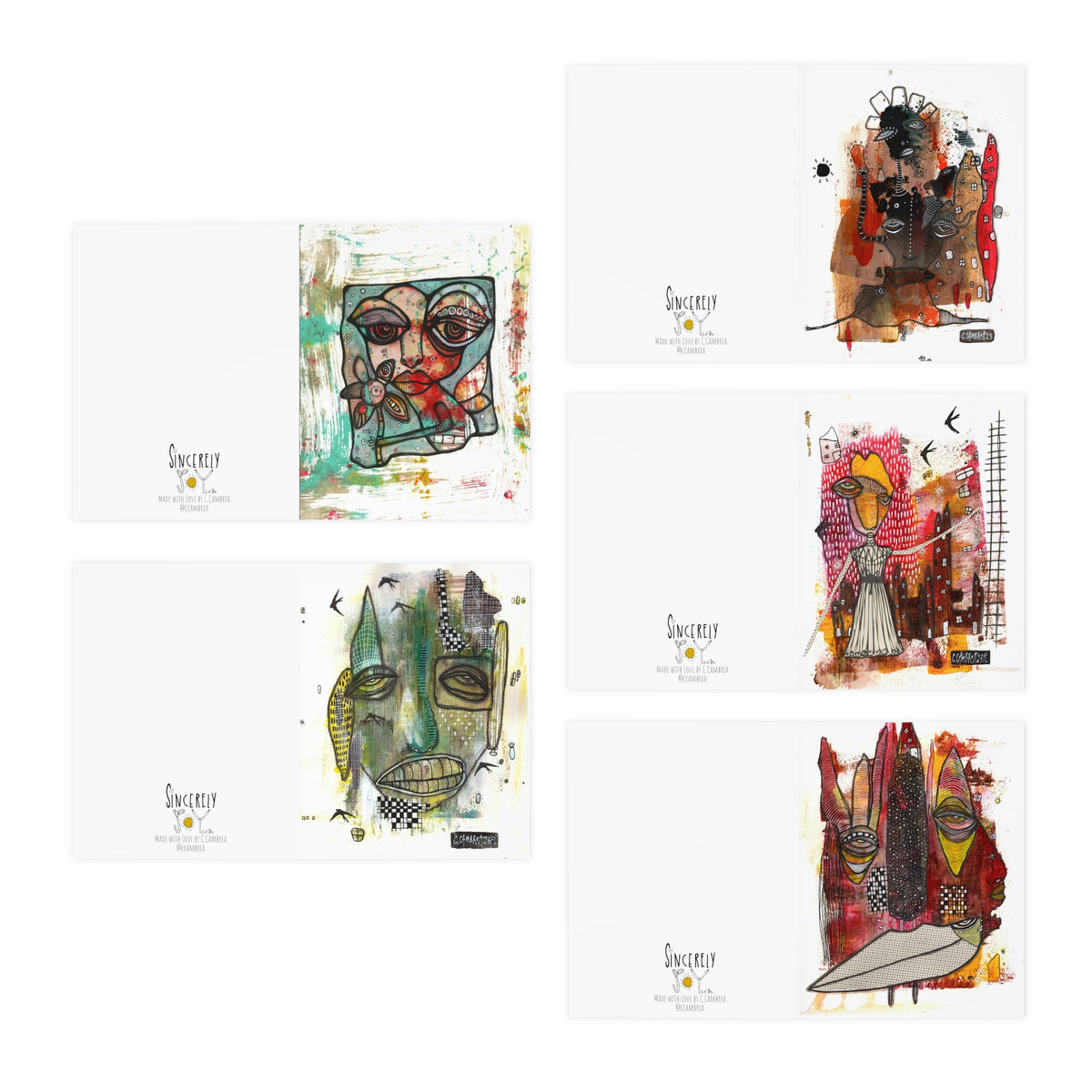 Art Greeting Cards 5 Pack Set with Envelopes Trippy Intuitive Mixed Media Artwork Psychedelic Colorful Unique - Frame them Blank Inside