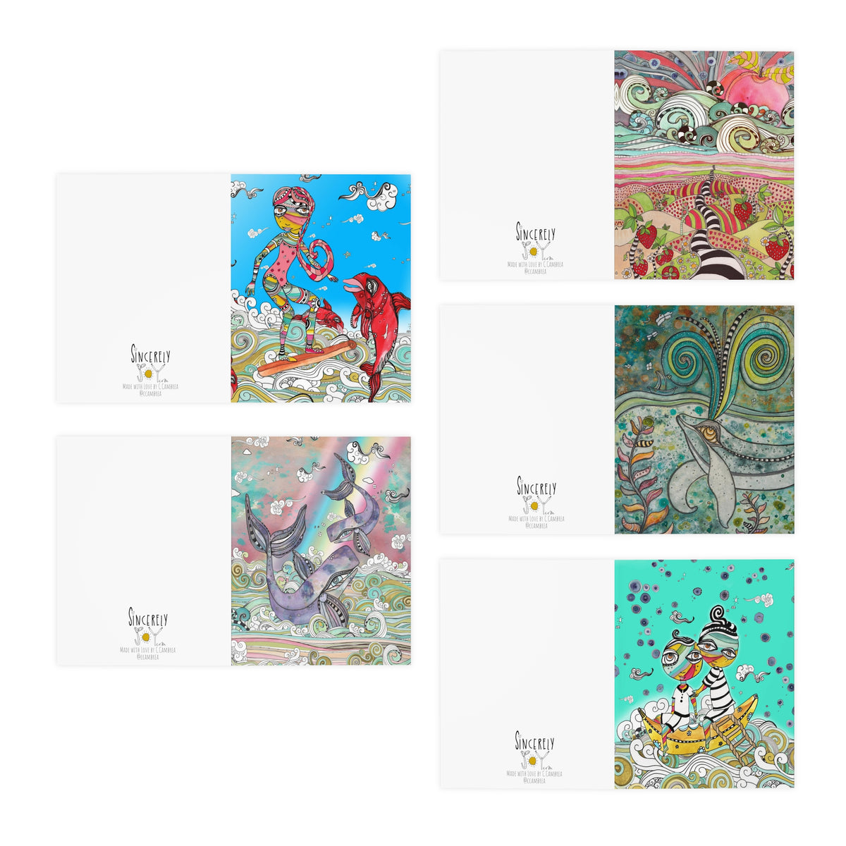 Art Greeting Cards 5 Pack Set with Envelopes Trippy Intuitive Mixed Media Artwork Psychedelic Colorful Unique - Frame them Blank Inside