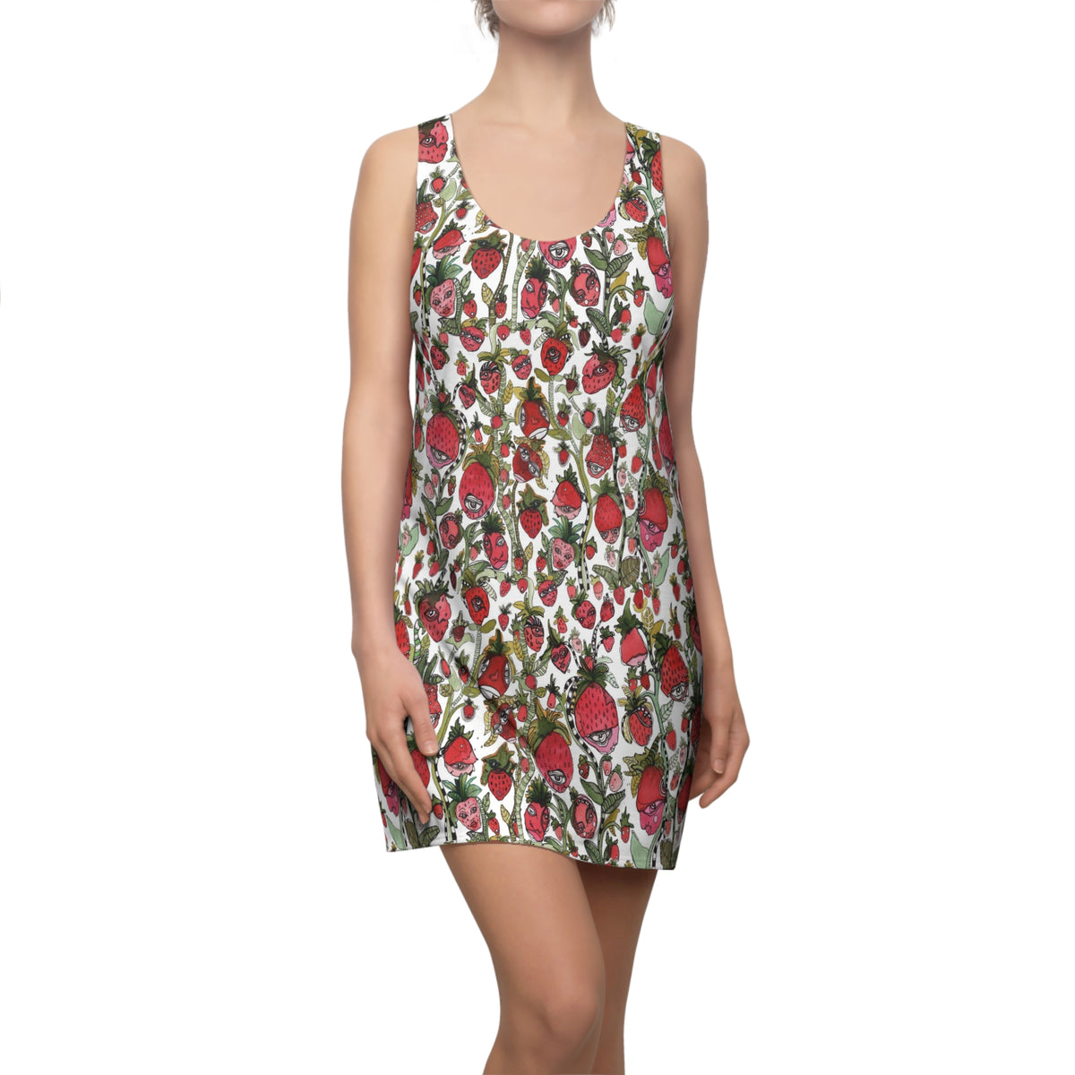 Strawberries Mini Racerback Dress Unique Above the Knee Colorful Strawberry Original Art Fashion Womens Dresses Clothing Fun Cute Tank Dress