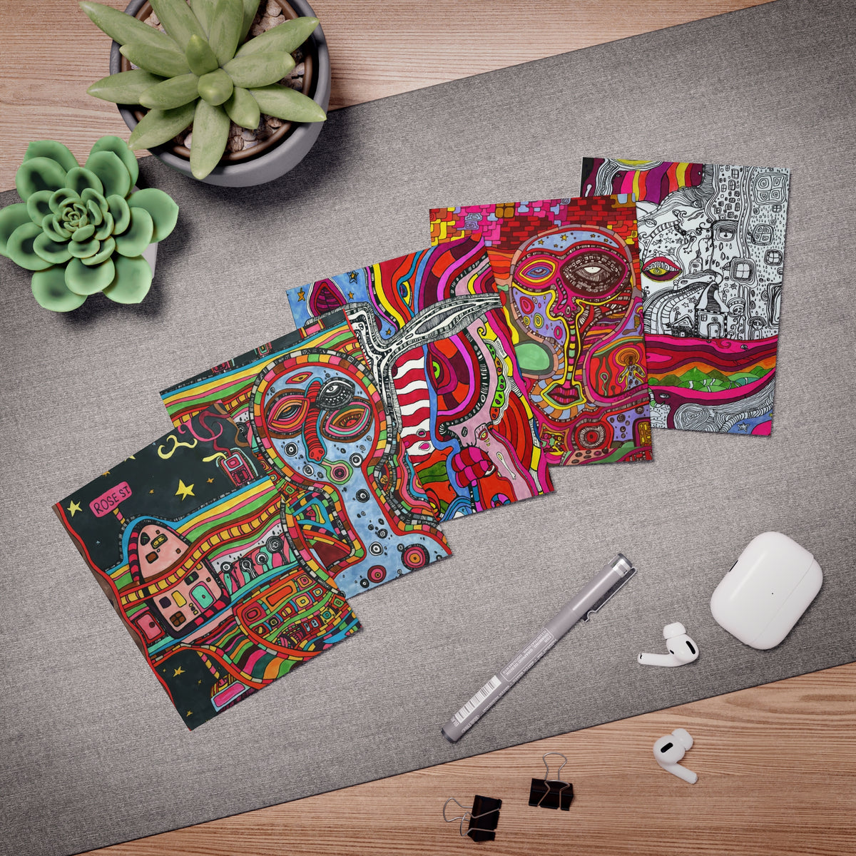 Art Greeting Cards 5 Pack Set with Envelopes Trippy Intuitive Mixed Media Artwork Psychedelic Colorful Unique - Frame them Blank Inside
