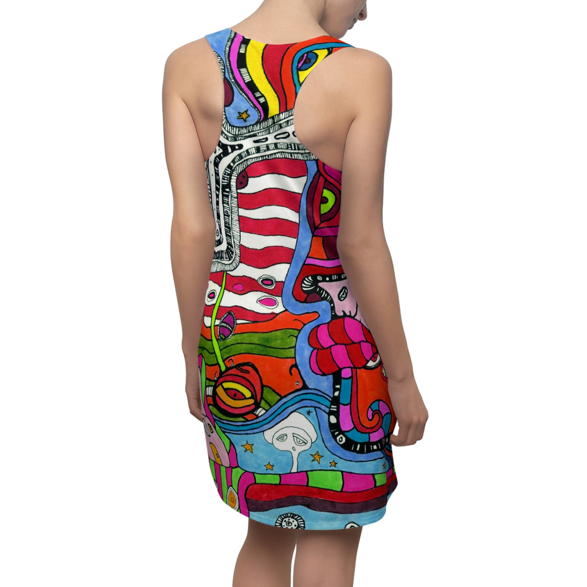 &quot;Multi&quot; Colorful Trippy Racerback Mini Above the Knee Tank Dress