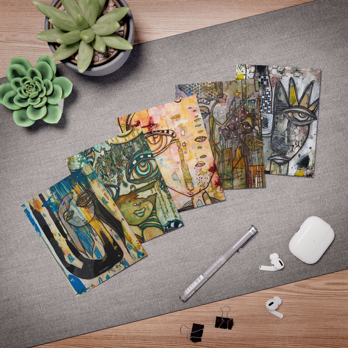 Art Greeting Cards 5 Pack Set with Envelopes Trippy Intuitive Mixed Media Artwork Psychedelic Colorful Unique - Frame them Blank Inside