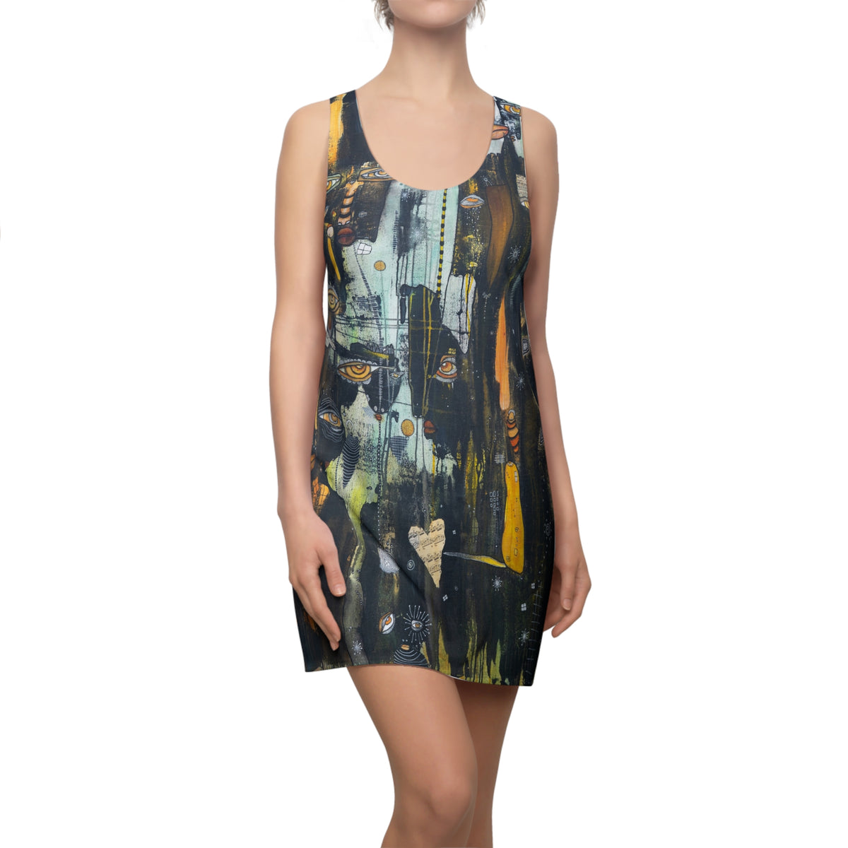 Dark Racerback Dress Mini Above the Knee Unique Original Art Fashion Women's Clothing Tank Designer Fashion Bizarre Weird Goth Dress