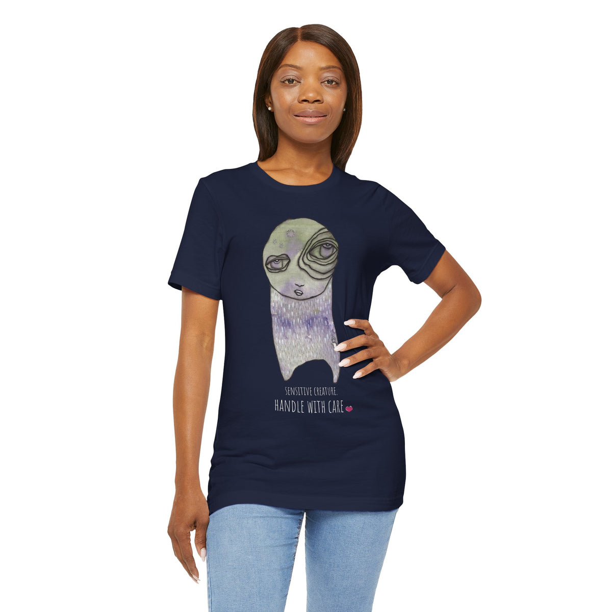 Sensitive Creature. Handle with Care t-shirt by C.Cambrea, front view on model
