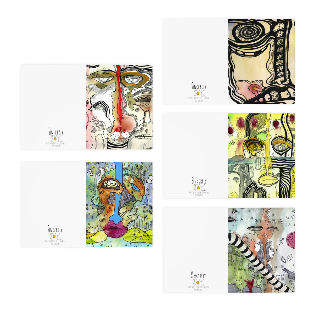 Art Greeting Cards 5 Pack Set with Envelopes Trippy Intuitive Mixed Media Artwork Psychedelic Colorful Unique - Frame them Blank Inside