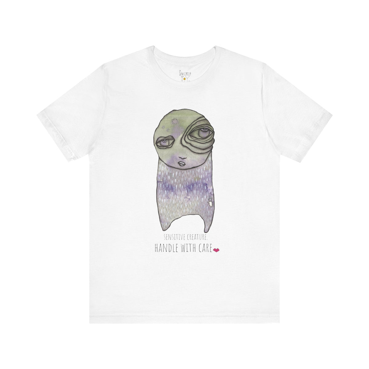 Sensitive Creature. Handle with Care t-shirt by C.Cambrea, close-up of print detail