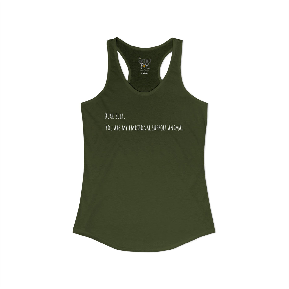 Dear Self Emotional Support Animal racerback tank by C.Cambrea, front view on model