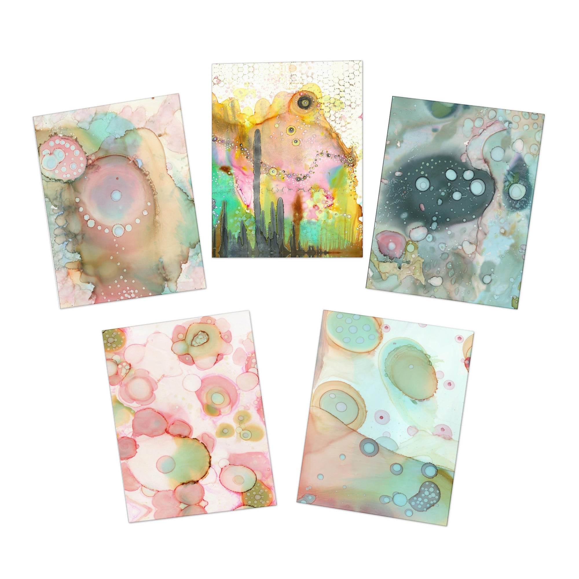 Art Greeting Cards 5 Pack Set with Envelopes Trippy Intuitive Mixed Media Artwork Psychedelic Colorful Unique - Frame them Blank Inside