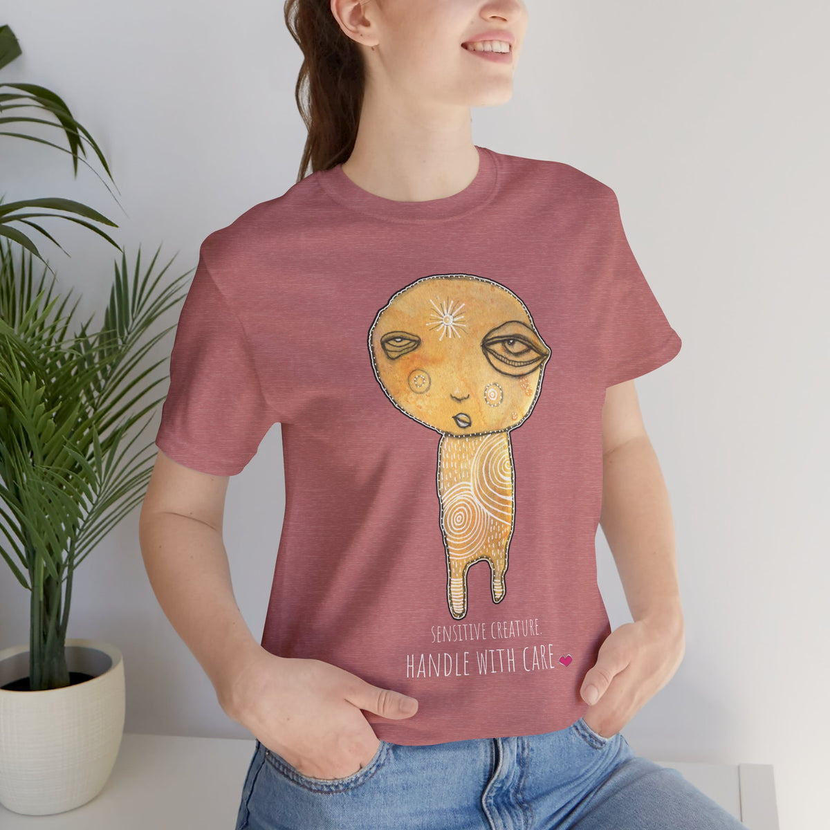 Sensitive Creature. Handle with Care t-shirt by C.Cambrea, close-up of print detail