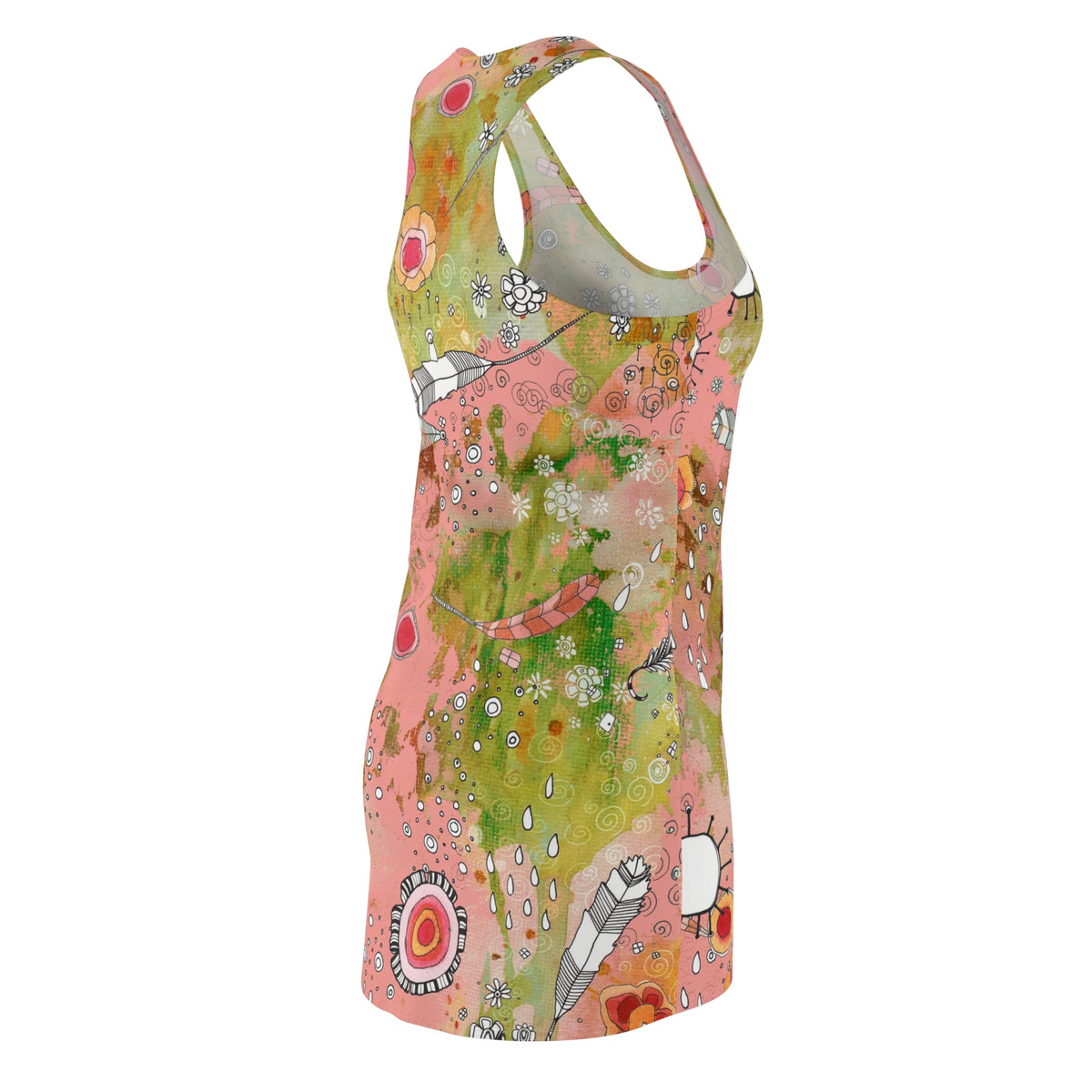 Boho Dress Racerback Mini Tank Sexy Above the Knee Unique Original Art Bohemian Floral Feathers Fashion Womens Clothing Art Designer Fashion