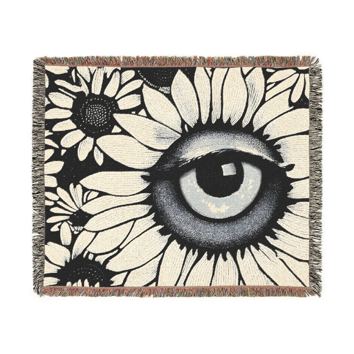 Woven Blanket with Abstract Eye and Sunflowers for Floral Living Room Sofa, Couch Throws, Bed Covers. Soft snuggles