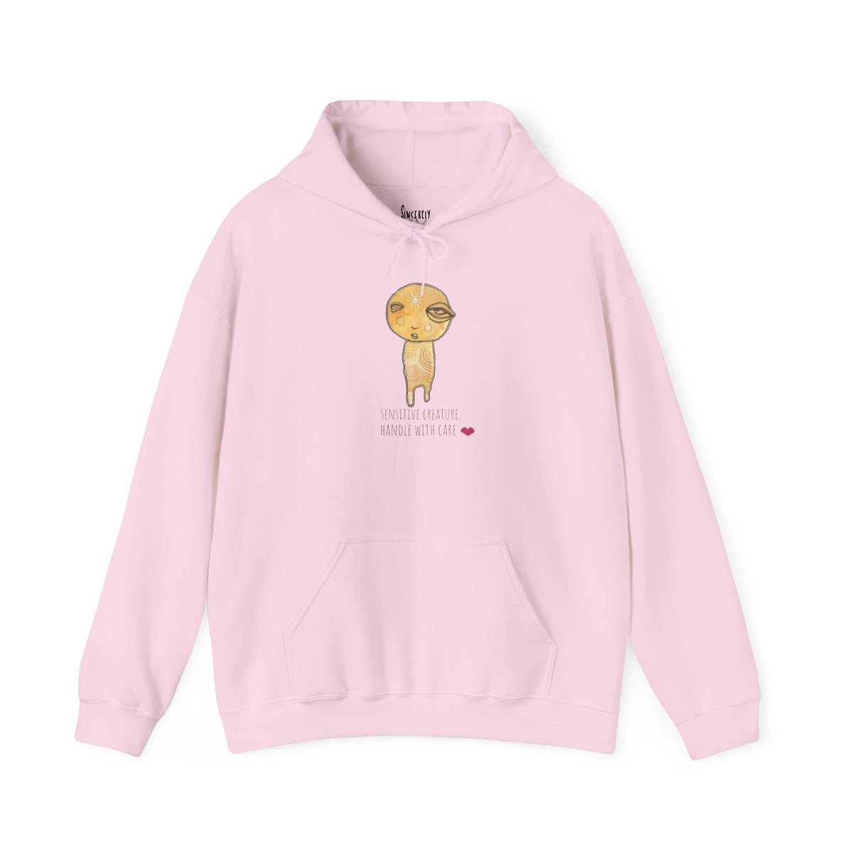 Sensitive Creature. Handle with Care hoodie by C.Cambrea, front view on model