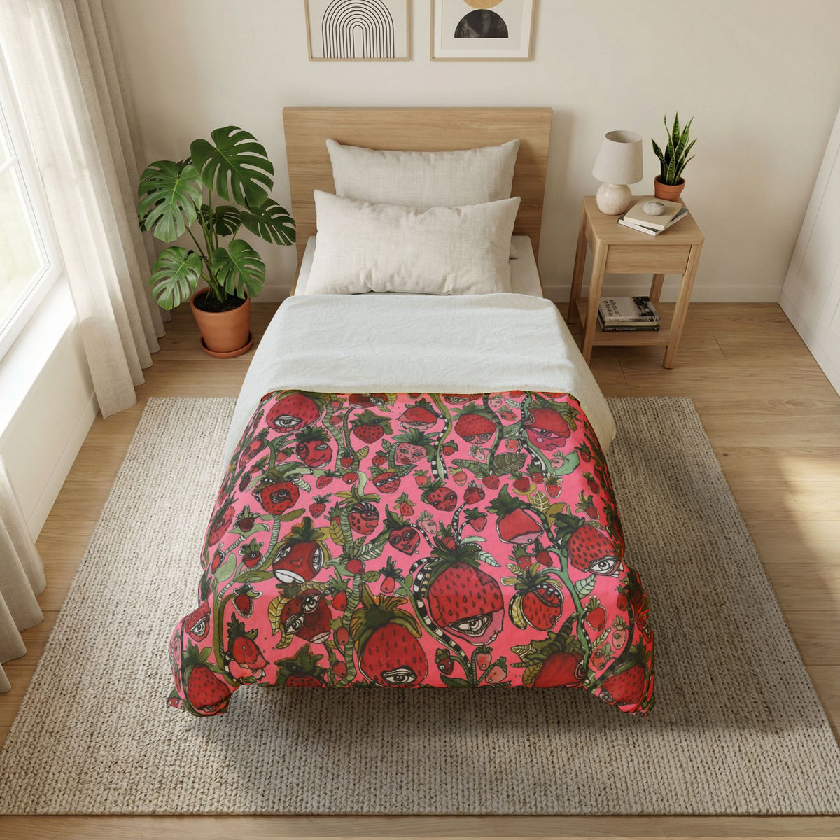 Duvet Cover 'Strawberry Shortcake Faces' — front view on bed