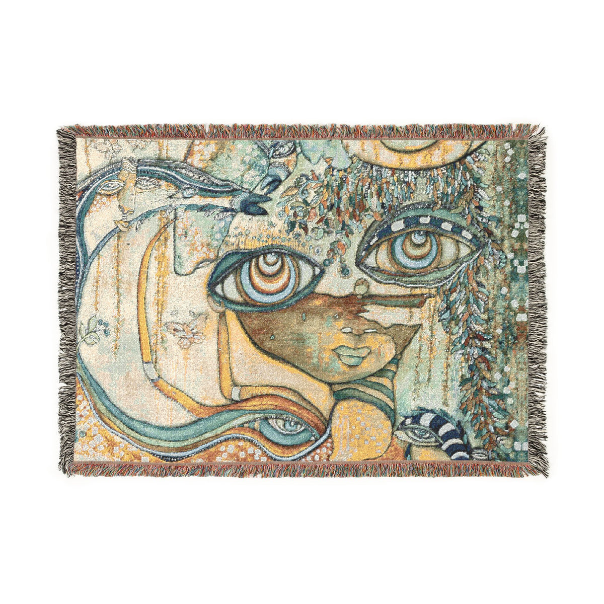 Woven Blanket with Abstract Face Eye Garden Artwork | Floral Painting for Living Room Sofa, Couch Throws, Bed Covers. Soft snuggles