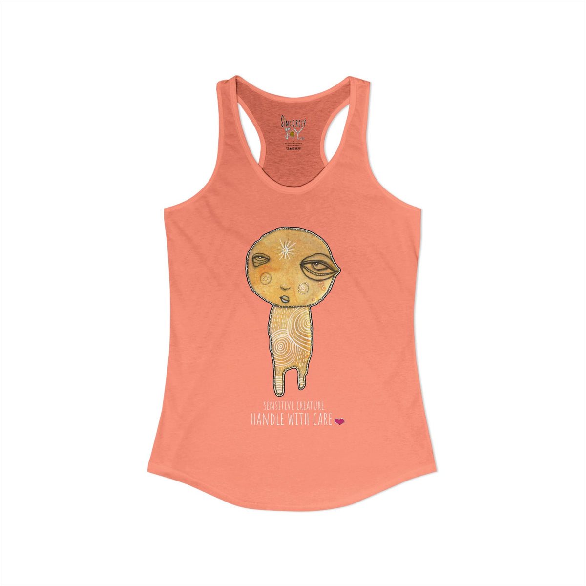 Sensitive Creature. Handle With Care racerback tank top by C.Cambrea, back view on model