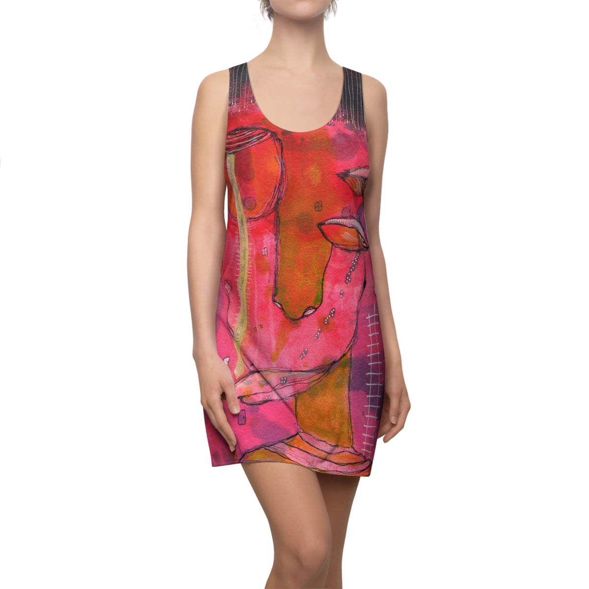 Colorful Dress Pink Racerback Mini Tank Sexy Above the Knee Unique Original Art Womens Clothing Artsy Designer Fashion