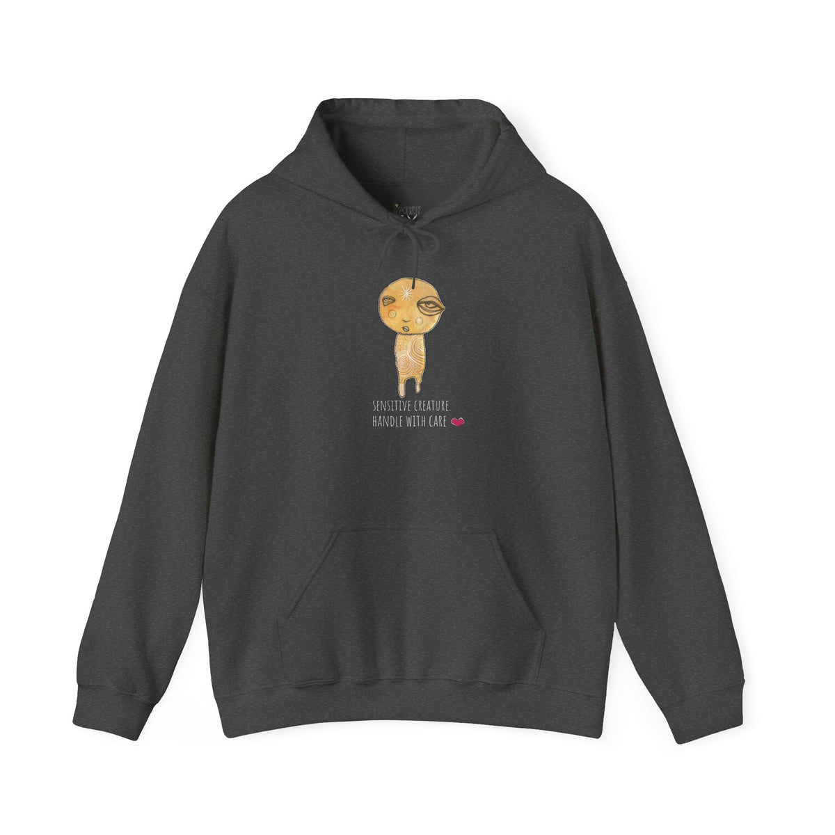 Sensitive Creature. Handle with Care hoodie by C.Cambrea, back view on model
