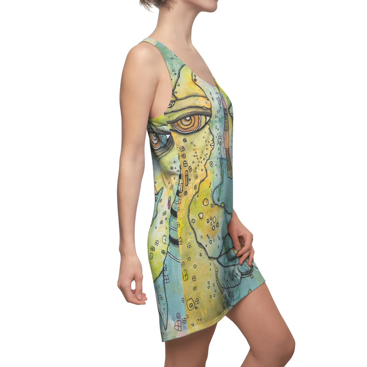 Mini Racerback Dress Original Art Face Fashion Print Women's Beach Sun Tank Dresses Clothing Goth Rocker Bizarre Weird Ladies Accessories
