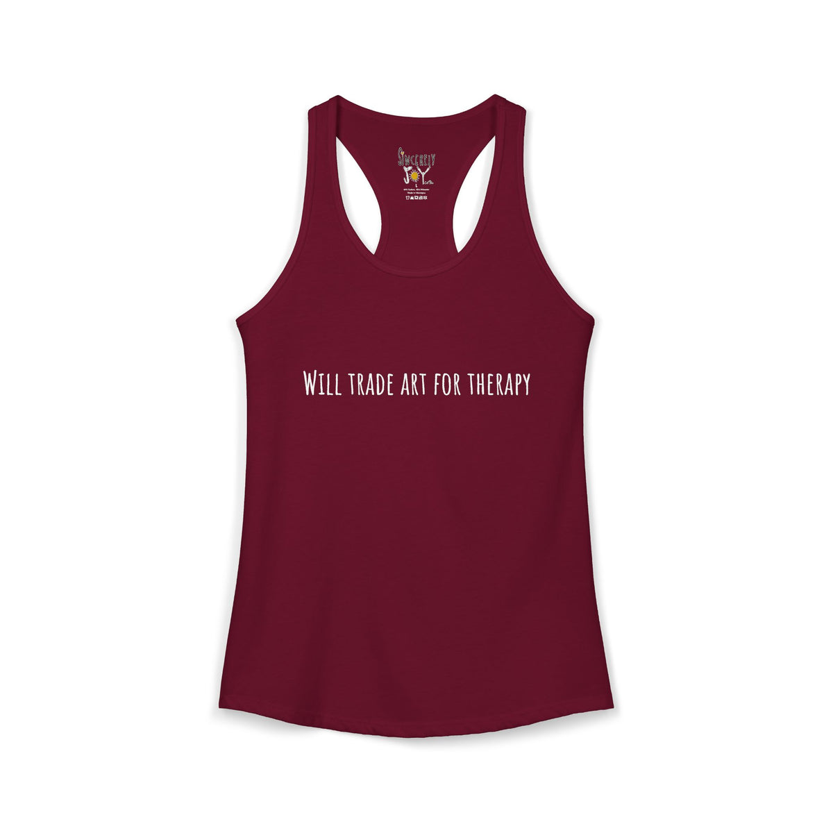 Will Trade Art For Therapy racerback tank by C.Cambrea, front view on model