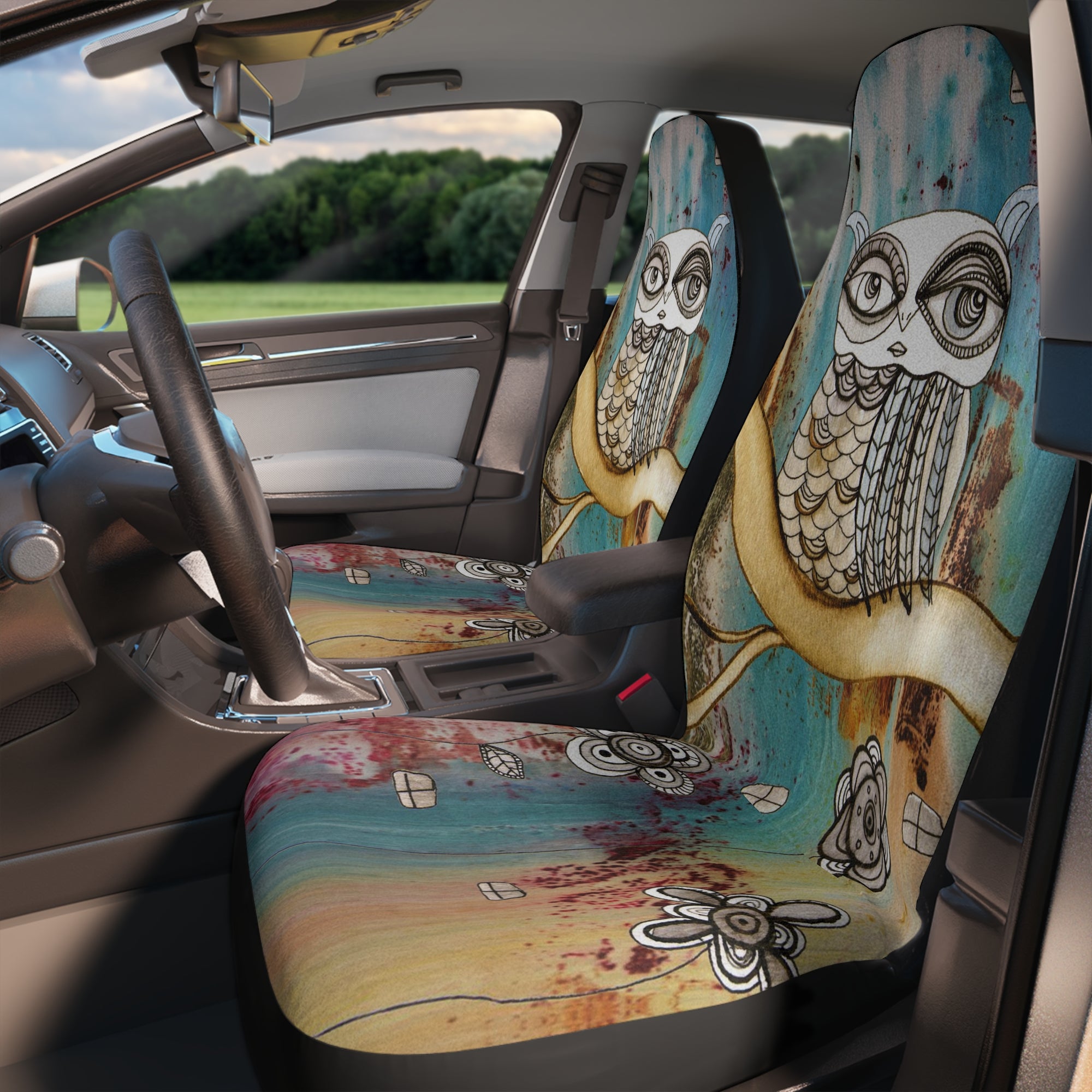 "Surreal Owl 1" Boho Owl Car Seat Covers Original Watercolor for Car, SUV Vehicle Covers