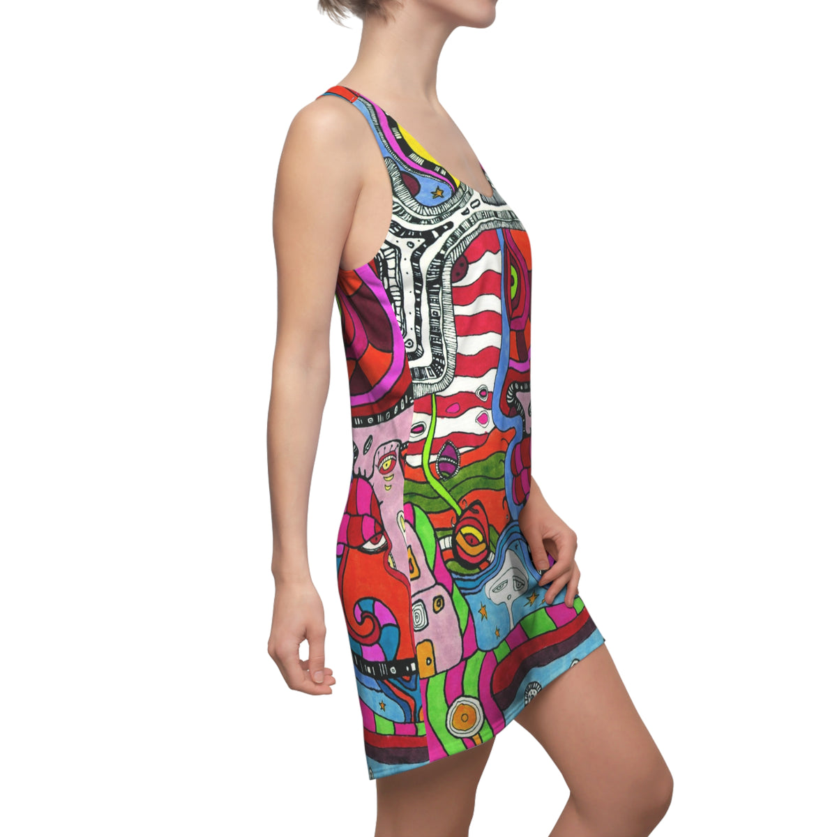 &quot;Multi&quot; Colorful Trippy Racerback Mini Above the Knee Tank Dress