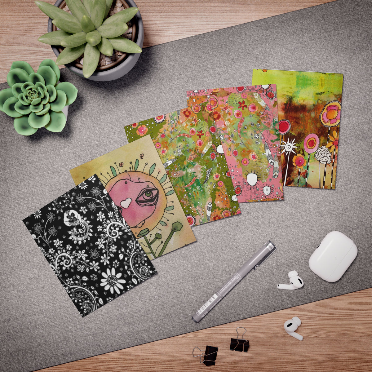 Art Greeting Cards 5 Pack Set with Envelopes Trippy Intuitive Mixed Media Artwork Psychedelic Colorful Unique - Frame them Blank Inside