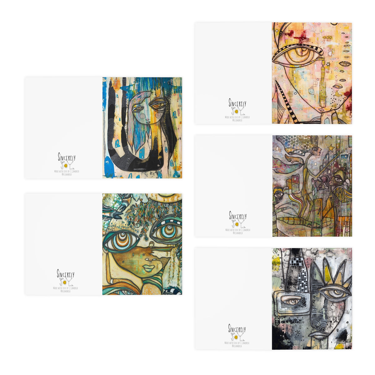 Art Greeting Cards 5 Pack Set with Envelopes Trippy Intuitive Mixed Media Artwork Psychedelic Colorful Unique - Frame them Blank Inside