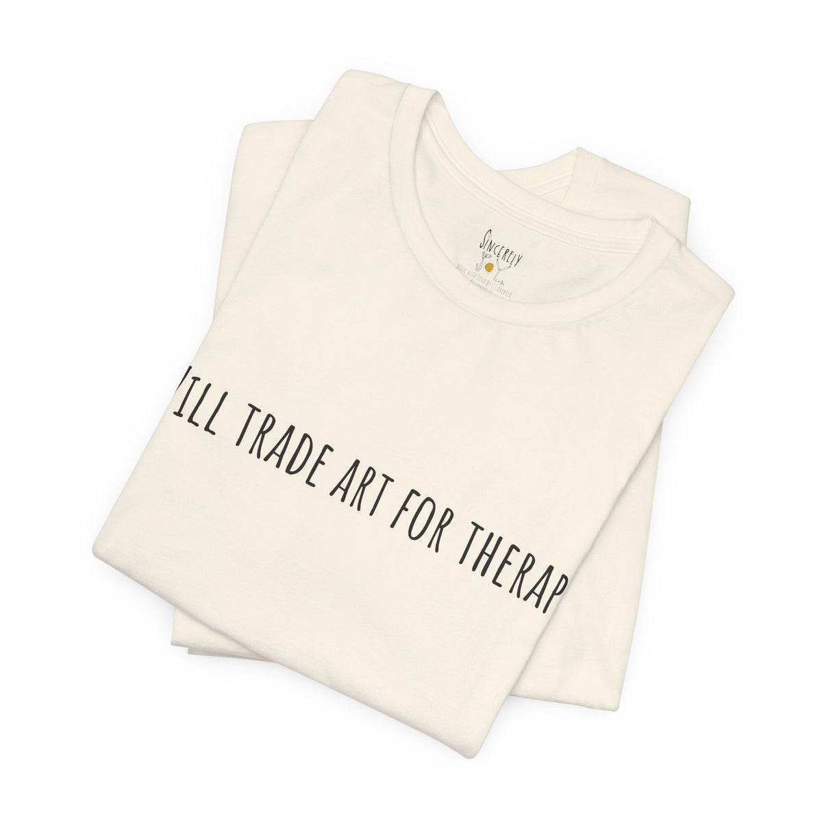 Will Trade Art For Therapy t-shirt by C.Cambrea, fabric and stitching detail