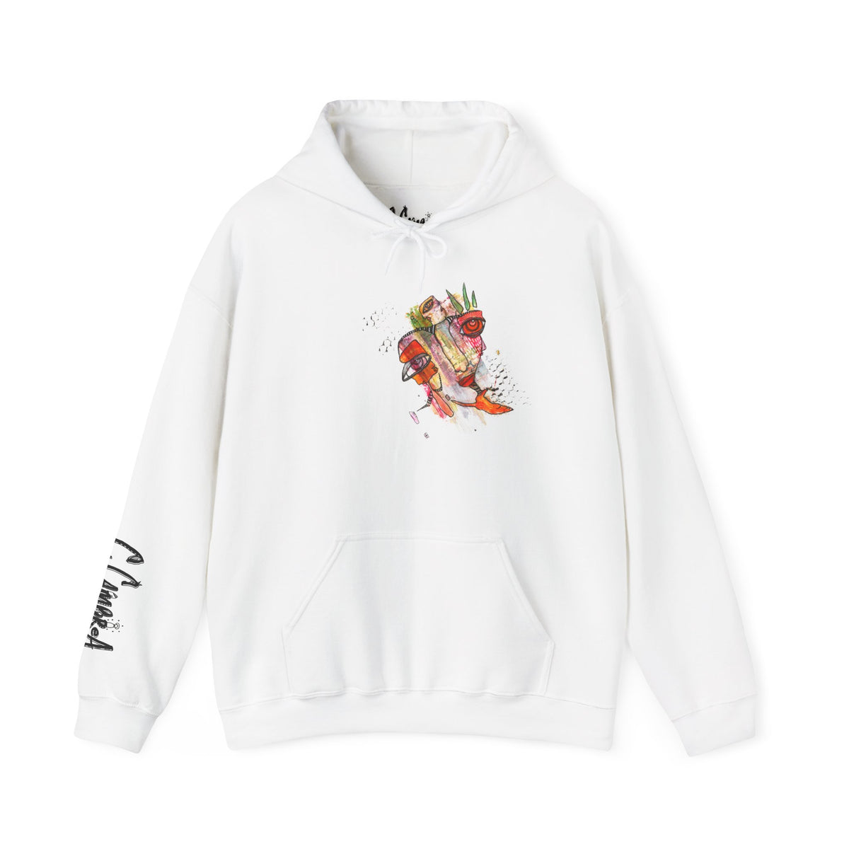 Angel artwork hoodie by C.Cambrea, back view on model