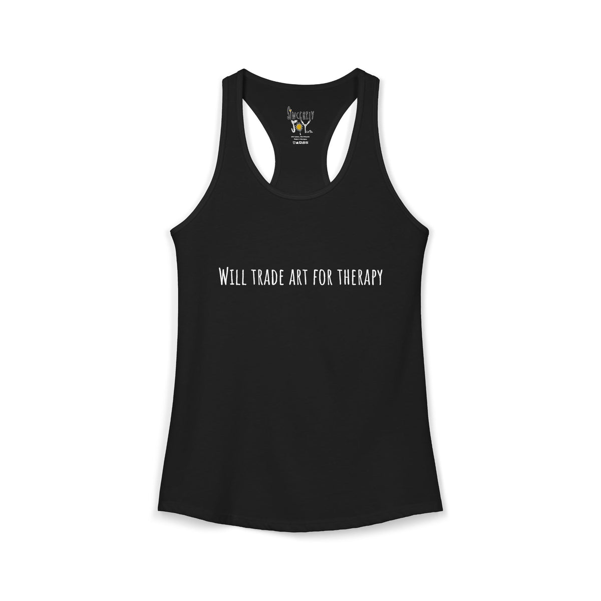 Will Trade Art For Therapy racerback tank by C.Cambrea, back view on model