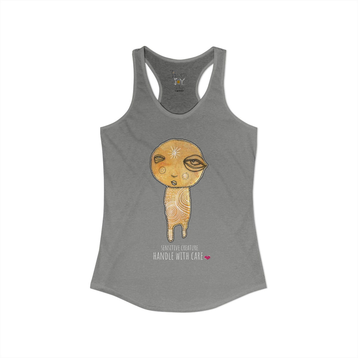 Sensitive Creature. Handle With Care racerback tank top by C.Cambrea, size and fit reference chart