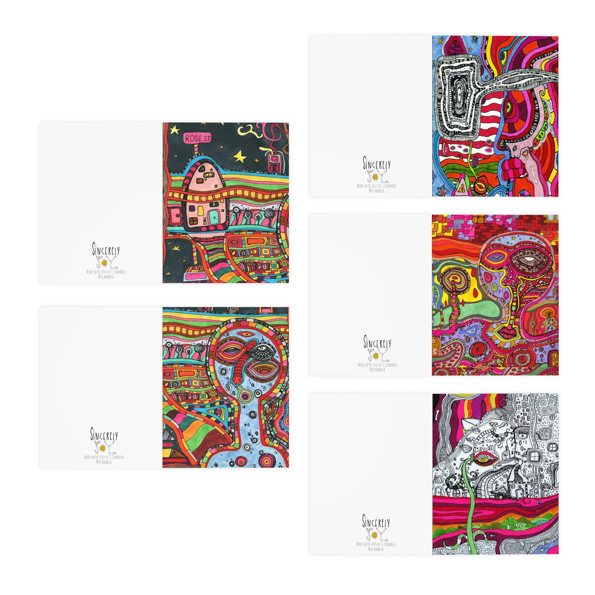 Art Greeting Cards 5 Pack Set with Envelopes Trippy Intuitive Mixed Media Artwork Psychedelic Colorful Unique - Frame them Blank Inside