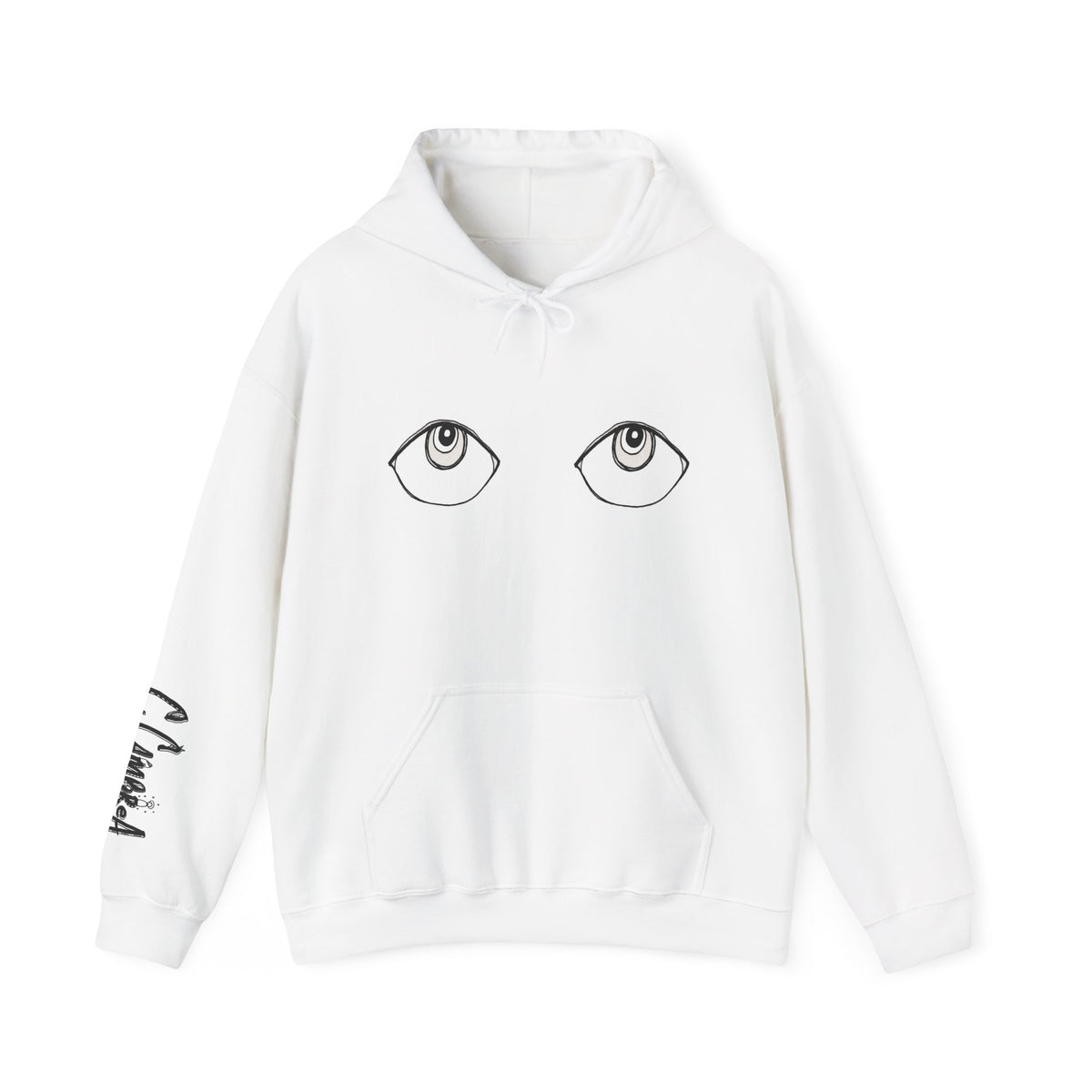 Eyes Illustration hooded sweatshirt by C.Cambrea, back view on model